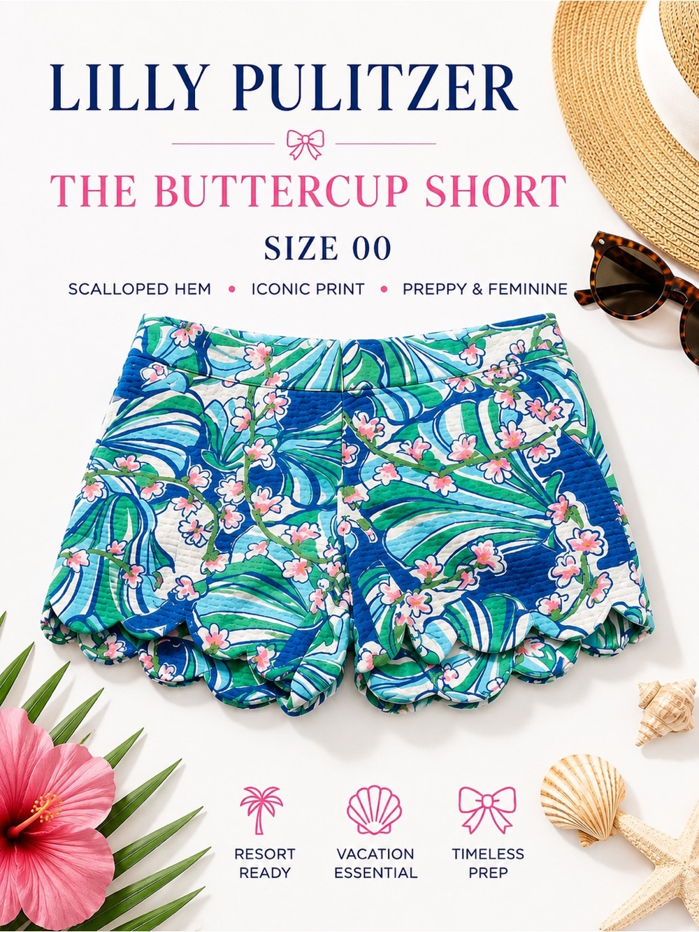 Lilly Pulitzer Buttercup Scallop Hem Shorts Blue Floral Seersucker 00